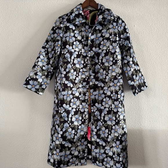 Sam Chen Brocade A-Line Coat M/L Forget Me Not Floral Designer New Dark Romance - Picture 15 of 16